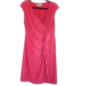 Kasper womens coral cap sleeve midi length ruffle front sheath dress size 14